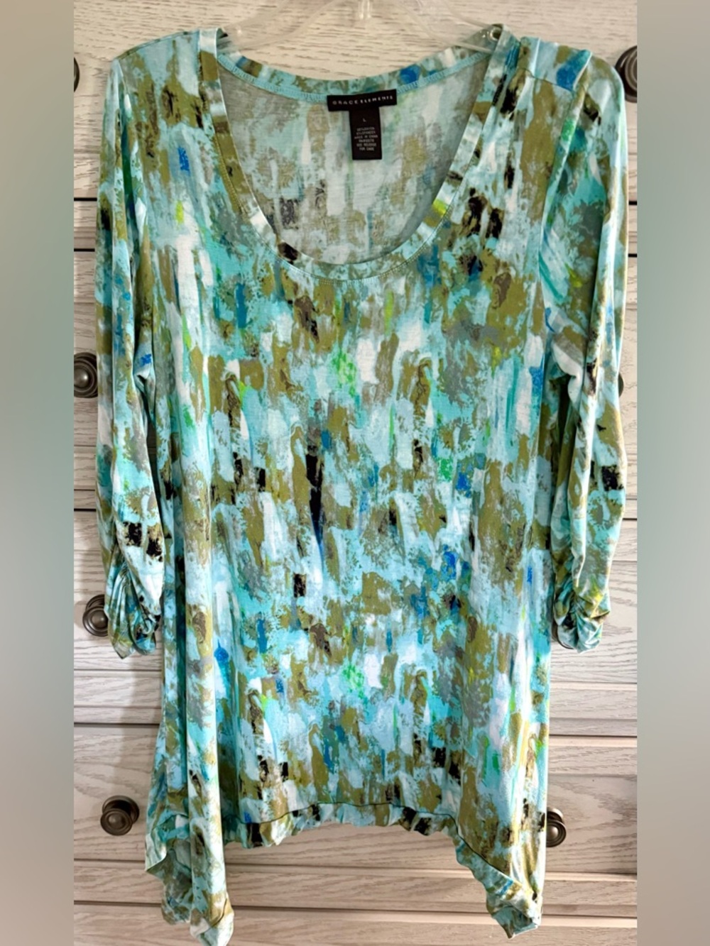 Grace Elements Abstract Print Scoop Neck Tunic Top 3/4 Ruched Sleeve Blue (Large